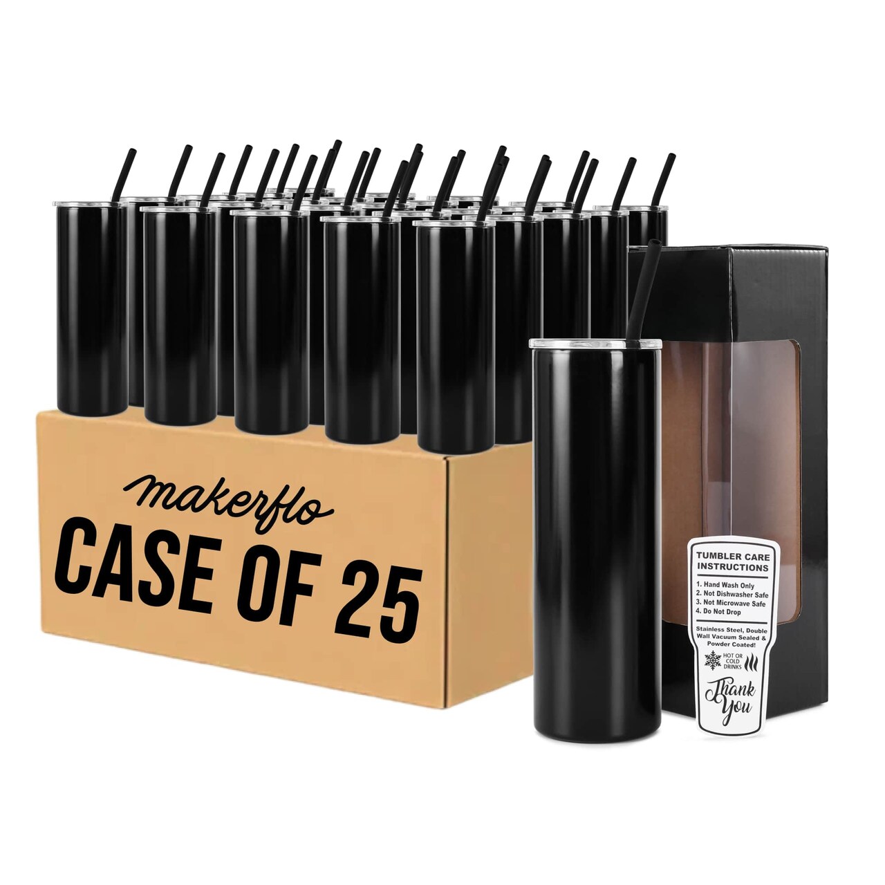 MakerFlo 20oz Skinny Powder-Coated Glossy Tumbler with Optional Handle – Case of 25 – Includes Leak-Proof Lids, Silicone Straws & Gift Boxes – Customizable for Laser Engraving, UV Printing, and Epoxy
